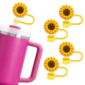 Five sunflower straw toppers set with food-grade silicone rings for tumbler protection