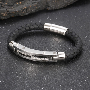 Men's black woven bracelet with silver stainless steel carbon fiber and inlaid crystals