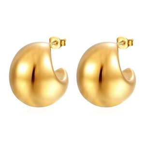 Minimalist round hollow stainless steel hoop earrings with polished golden finish
