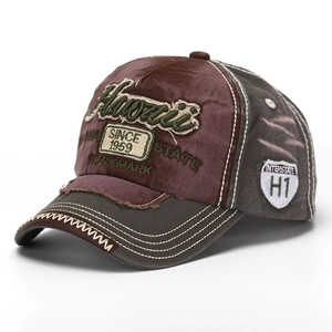 Close-up of vintage denim cap featuring Hawaii embroidery and distressed brim details