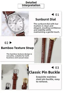 Detailed view of the sunray dial, brown leather strap, and stainless steel buckle