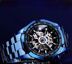 Macro side view of blue skeleton automatic mechanical watch with metal links and gears