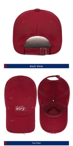 Detailed views of the distressed red baseball cap with ROF embroidery and metal buckle