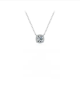 Detail of S925 sterling silver square pendant featuring a round-cut moissanite stone