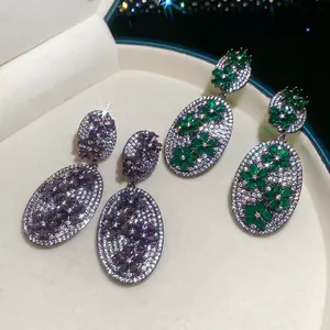 Vintage oval zircon earrings with floral pattern in purple and emerald green finish