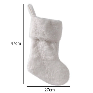 White plush Christmas stocking with 47cm length and 27cm width dimensions shown