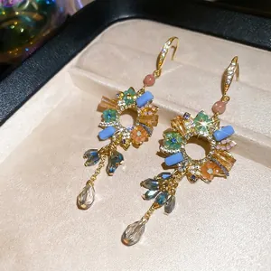 French vintage gold flower earrings with colorful crystals and long tassel drop
