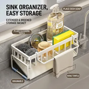 Kitchen Sink Caddy Organizer Stainless Steel Drain Rack Slanted Tray Towel Bar Sponge Soap Brush Holder Modern Durable