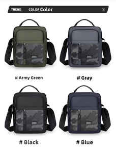 Detailed grid view of sporty nylon crossbody bags in army green, grey, black, and blue