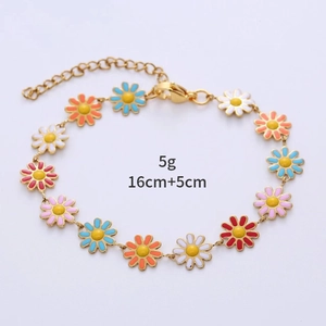 Detail of colorful enamel daisy chain with lobster clasp and adjustable extension length