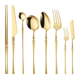 8-piece gold 304 stainless steel cutlery set with slim handles on white background