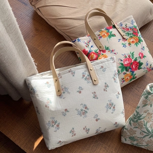 Quilted floral canvas tote bags with leather handles in vintage cottagecore style
