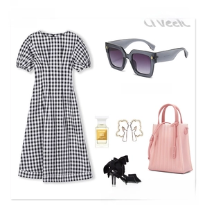 Fashion set with square sunglasses, gingham dress, pink pleated handbag and black sandals