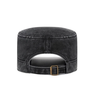 Adjustable dark grey washed cotton flat top army cap with vintage metal buckle