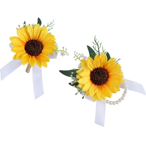 Wedding sunflower boutonniere and wrist corsage set with yellow petals and white ribbon