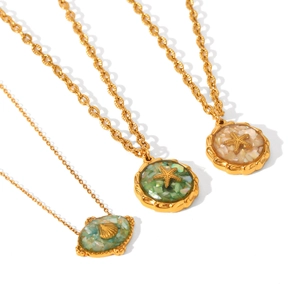 Gold stainless steel starfish and seashell pendant necklaces with colorful shell inlay