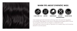 Care guide for black wavy synthetic wig including washing and heat resistant instructions