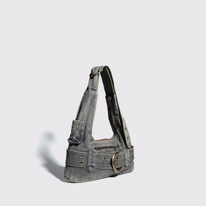 Vintage Y2K blue-grey washed denim crossbody bag with large brass buckle and eyelet belt