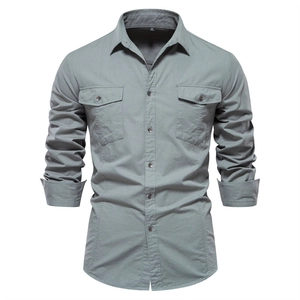 Men's sage green cotton long sleeve shirt with double pockets in a casual business style