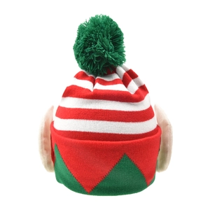 Warm Christmas elf knit beanie hat featuring red and green stripes with a pom pom