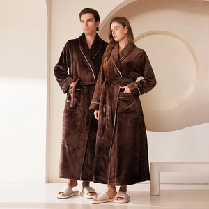 Thick dark brown flannel couple bathrobe with large collar and white piping detail