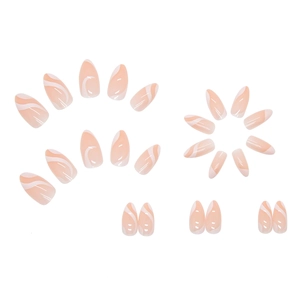 Press-on nails in nude pink with white wave lines, geometric almond shape, 24pcs set