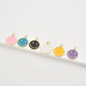 Set of colorful S925 sterling silver smiley face pendants with gold-plated edges