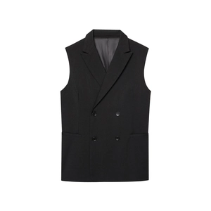 Classic black double-breasted suit vest with peak lapel and flap pockets on white background