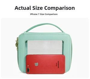 Size comparison of a mint green transparent makeup bag next to a red mobile phone