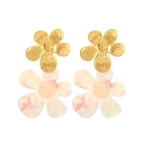 Exaggerated double flower earrings with gold metal and pink resin petals for women