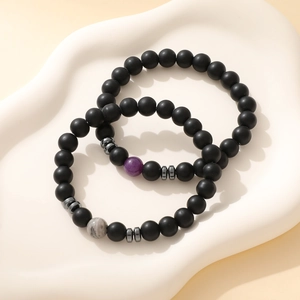 Minimalist 8mm matte black stone beaded elastic bracelets for men and women with silver accents