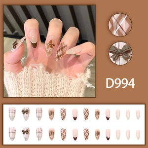 Faux ongles amande à carreaux marrons avec nœuds 3D et pointes French, kit de 24 pièces