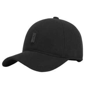 Black wool blend baseball cap with ear flaps for winter outdoor warmth and sport style