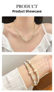 Detailed view of colorful natural stone beads and baroque pearl necklace and bracelet set