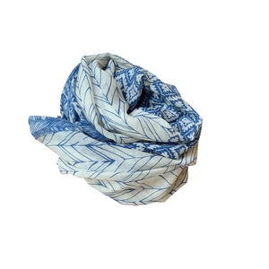 Blue and white printed cotton linen scarf with feather patterns and tassel details