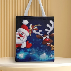 Detail of Christmas canvas handbag featuring cartoon Santa and reindeer print