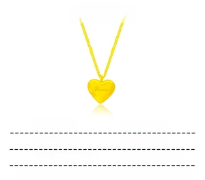 Macro detail of gold heart pendant with Love engraving and chain measurement specs