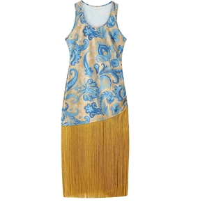 Detail of bohemian floral print dress featuring vibrant yellow fringe hem tassels