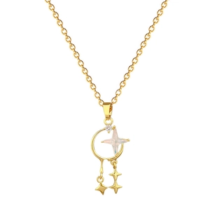Luxurious gold star and moon necklace with pink zircon pendant and tassel details