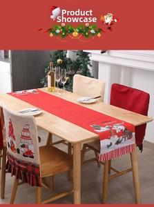 Red plaid Christmas table runner and chair covers set with cute gnome cartoon prints