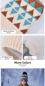 Details des warmen Winter-Stricksets mit geometrischem Muster und Kunstpelz-Bommel