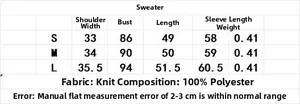 Size chart for knit cardigan with golden buttons showing S to L measurements and fabric info