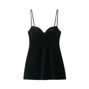Robe Courte En Velours Noir Bretelles Spaghetti Col Cœur Sans Manches Moulante Fête Soirée Pour Femmes