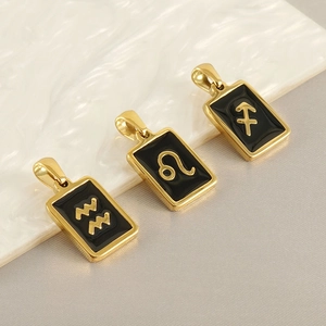 Zodiac Pendant Necklace Stainless Steel 18K Gold Plated Black Enamel Twelve Constellations Rectangle Minimalist Fashion Women