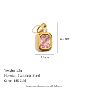 Detail of 18K gold stainless steel pendant with pink facet stone and size markings