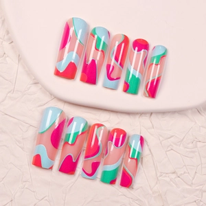 Colorful abstract wave pattern long coffin press-on nails with 10 pieces set