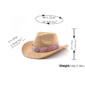 Suede western cowboy hat with pink snakeskin band and dimensions of brim and crown