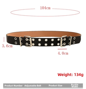 Detailed size chart for black double-grommet Y2K punk belt showing 104cm length and 3.6cm width