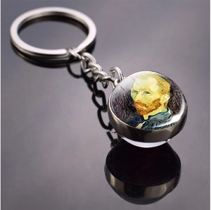 Detailed close-up of a silver metal keychain featuring Van Gogh self-portrait in glass orb