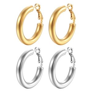 Minimalist 18K gold and silver hollow hoop earrings with spring closure on white background
